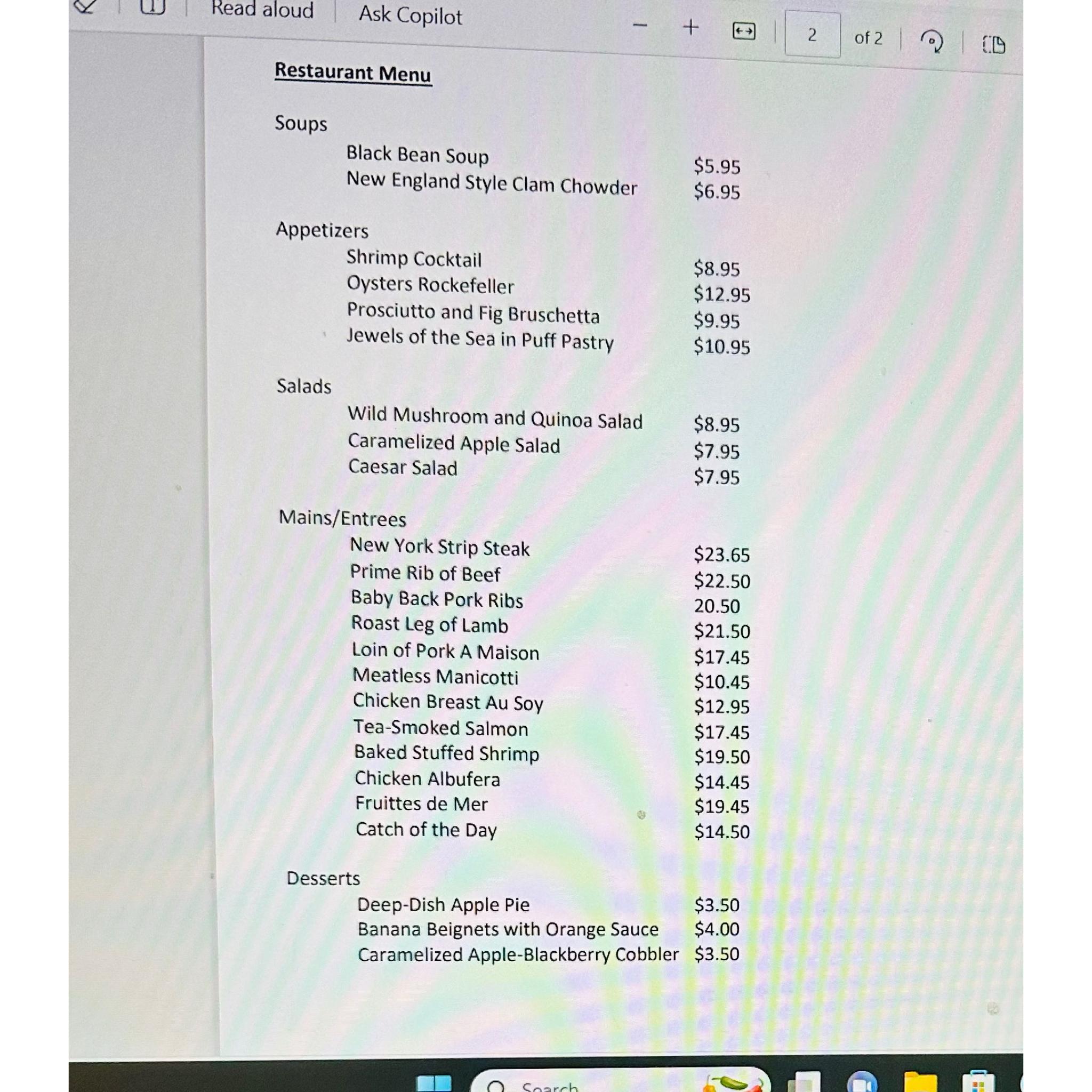  Exercise 1.5Use the menu found on the last page to complete