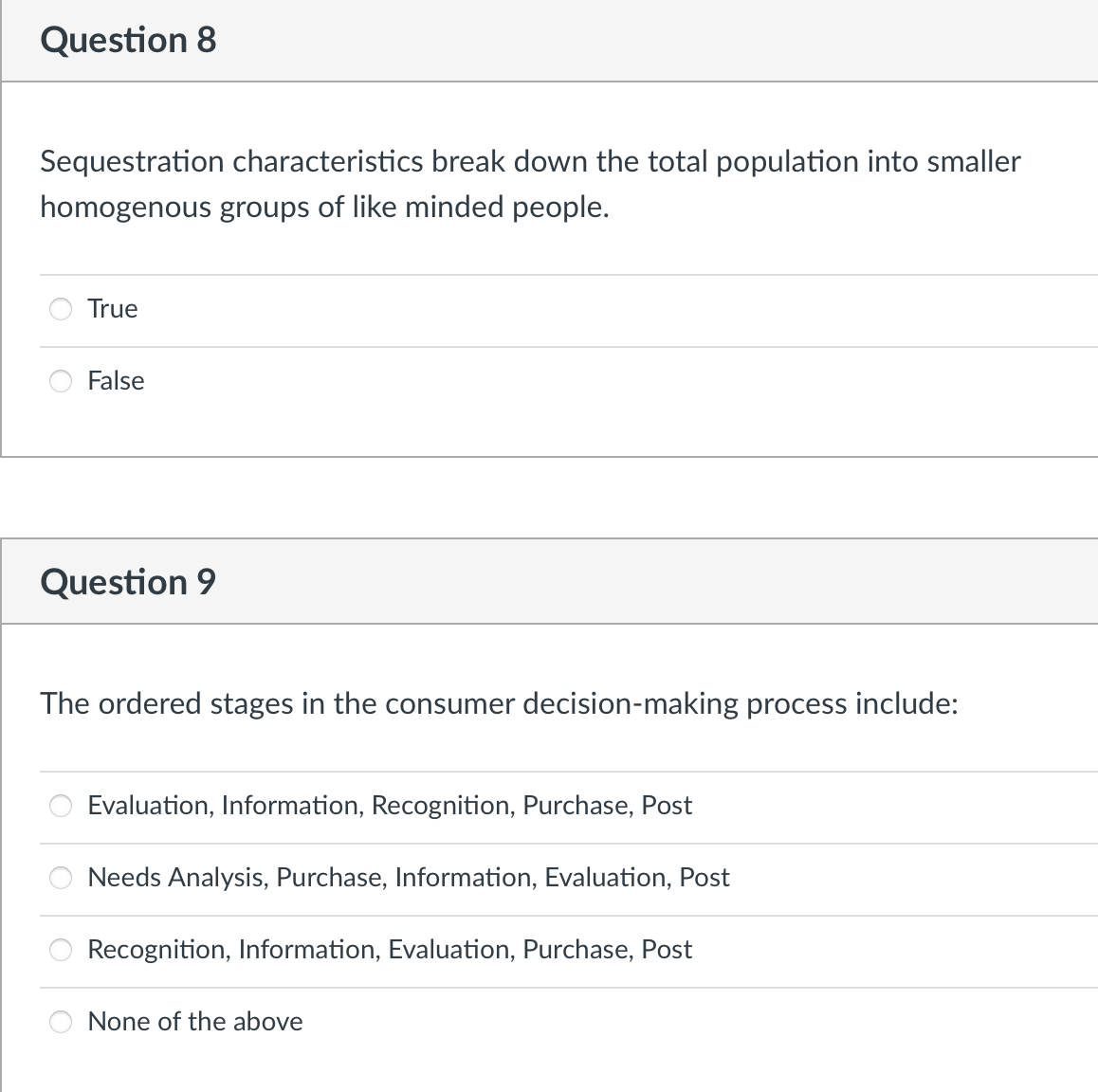  Question 8 Sequestration characteristics break down the total population into smaller