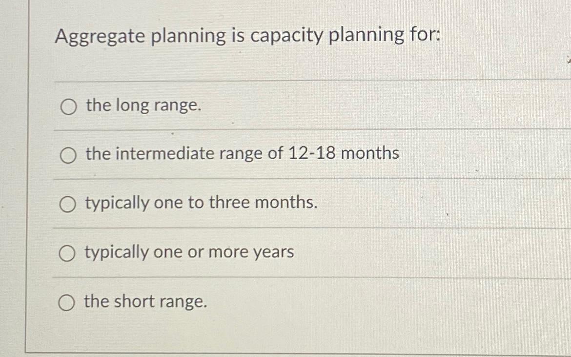  Aggregate planning is capacity planning for: the long range. the intermediate
