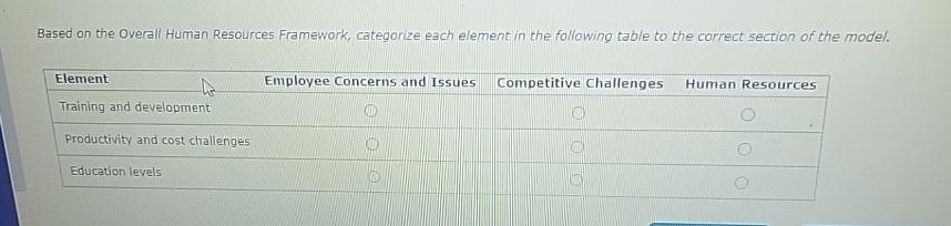  Based on the Overall Human Resources Framework, categorize each element in