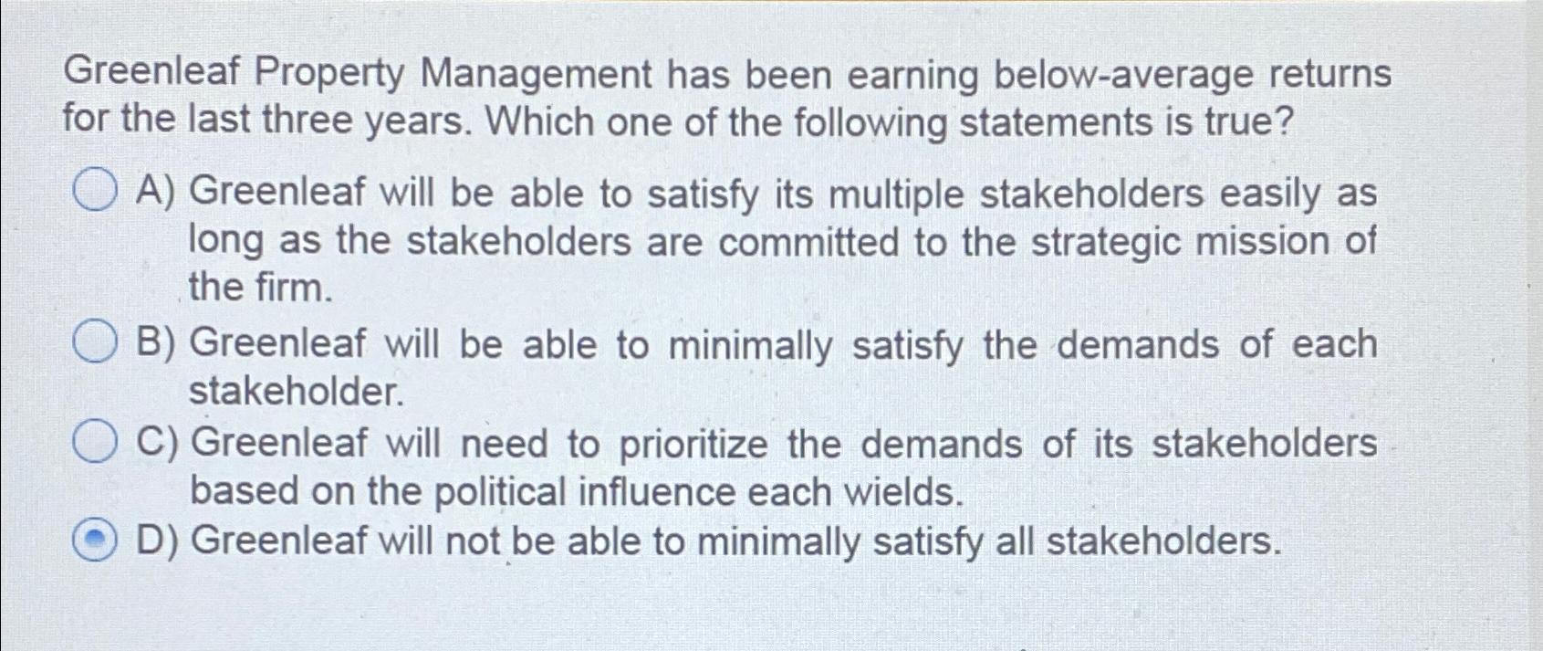  Greenleaf Property Management has been earning below-average returns for the last