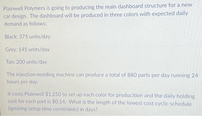 a new car design. The dashboard will be produced in three colors