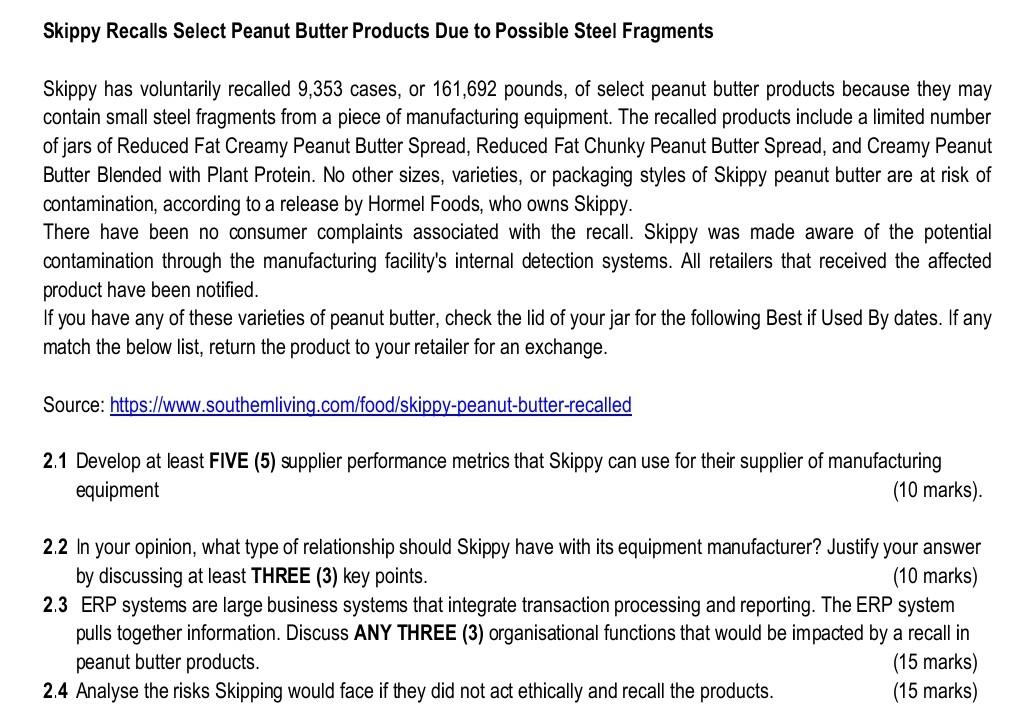 Help to answer and understand the application Skippy Recalls Select Peanut