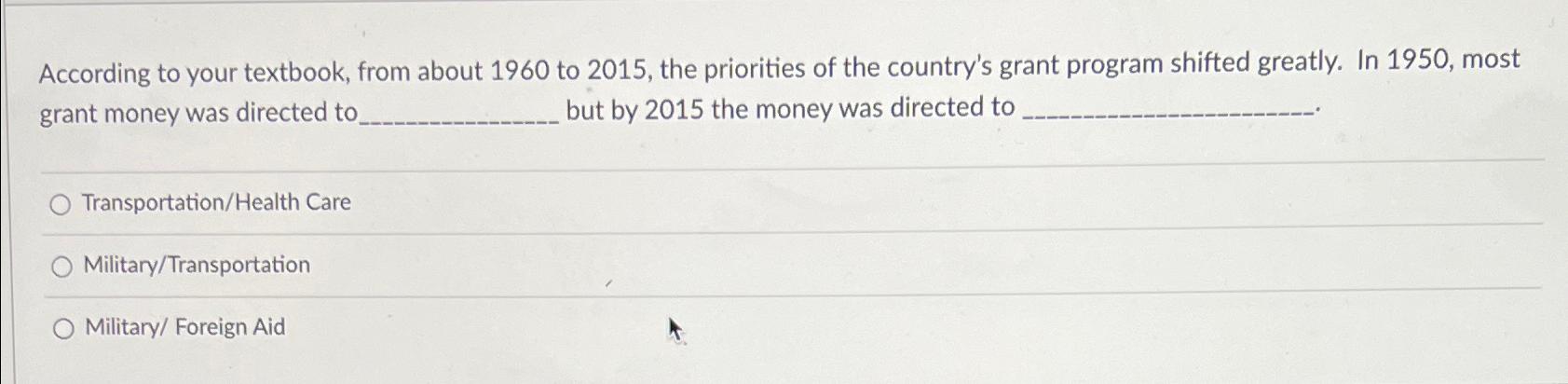  According to your textbook, from about 1960 to 2015, the priorities
