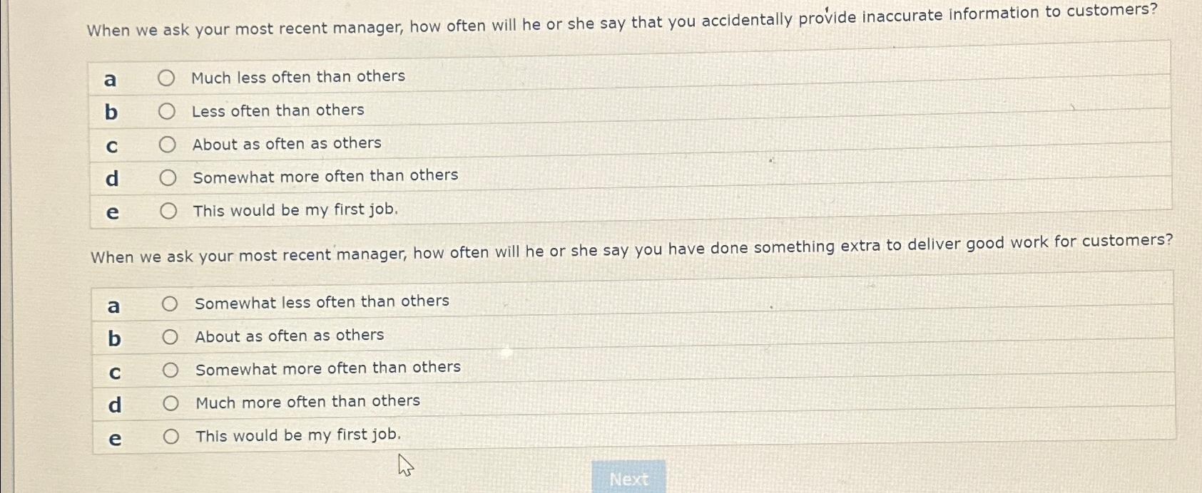 When we ask your most recent manager, how often will he