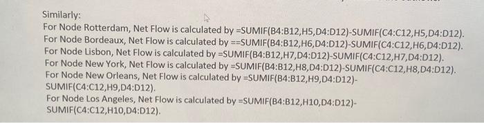 For Node Bordeaux, Net Flow is calculated by == SUMIF(B4:B12,H6,D4:D12)-SUMIF(C4:C12,H6,D4:D12). For Node