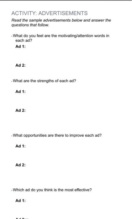  ACTIVITY: ADVERTISEMENTS Read the sample advertisements below and answer the questions