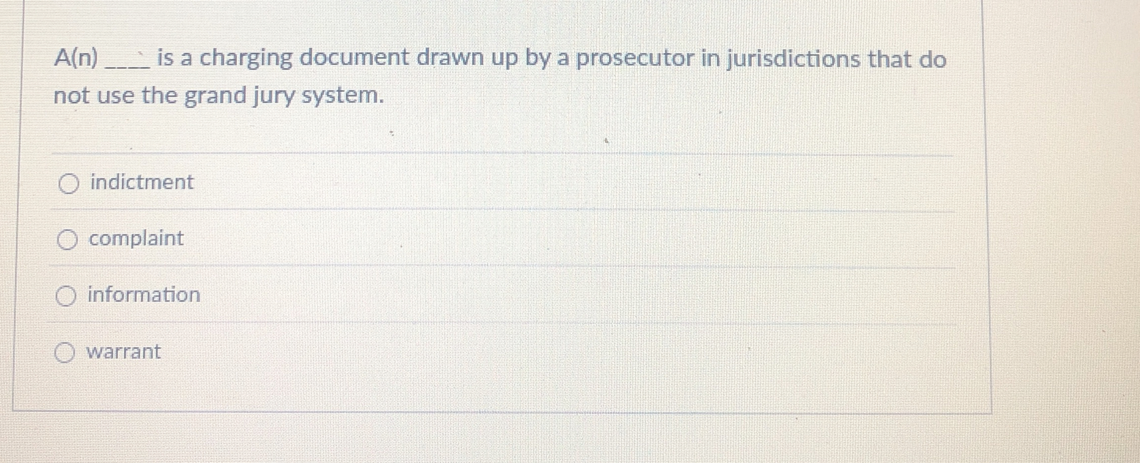 A(n)q, is a charging document drawn up by a prosecutor in