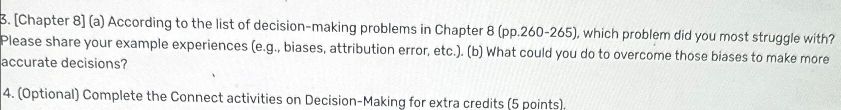  [Chapter 8](a) According to the list of decision-making problems in Chapter