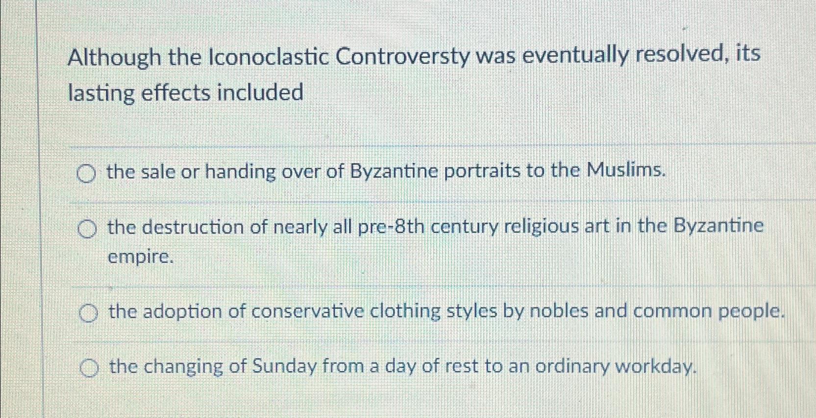  Although the Iconoclastic Controversty was eventually resolved, its lasting effects included