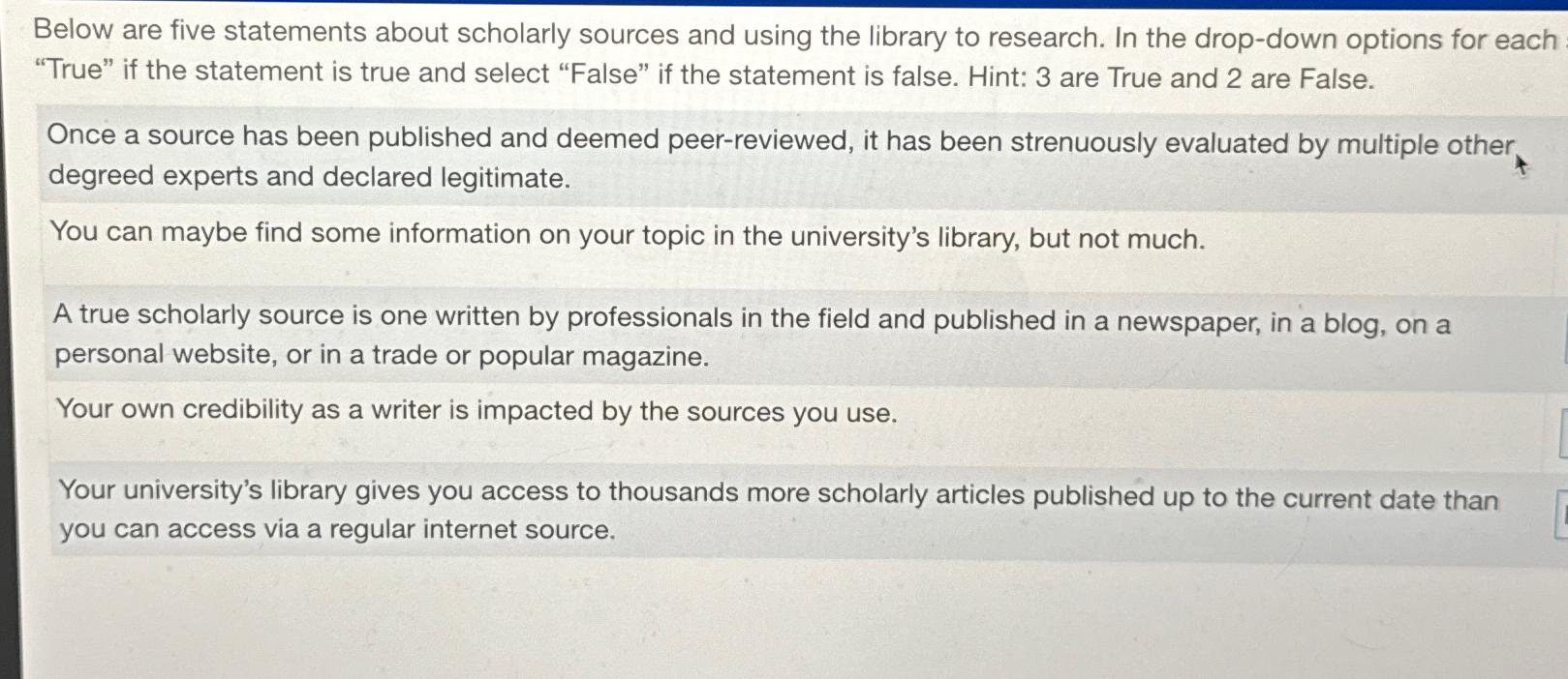  Below are five statements about scholarly sources and using the library