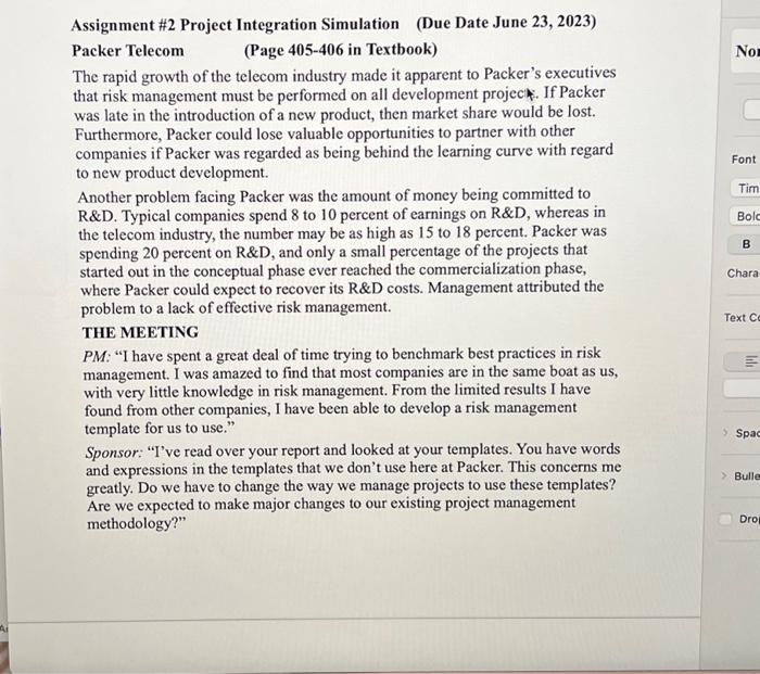  A Assignment #2 Project Integration Simulation (Due Date June 23, 2023)