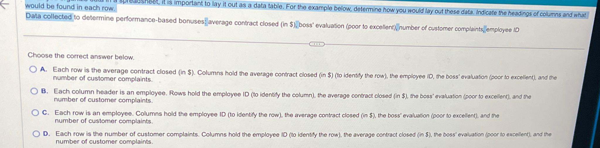  would be found in each row. , Data collected to determine