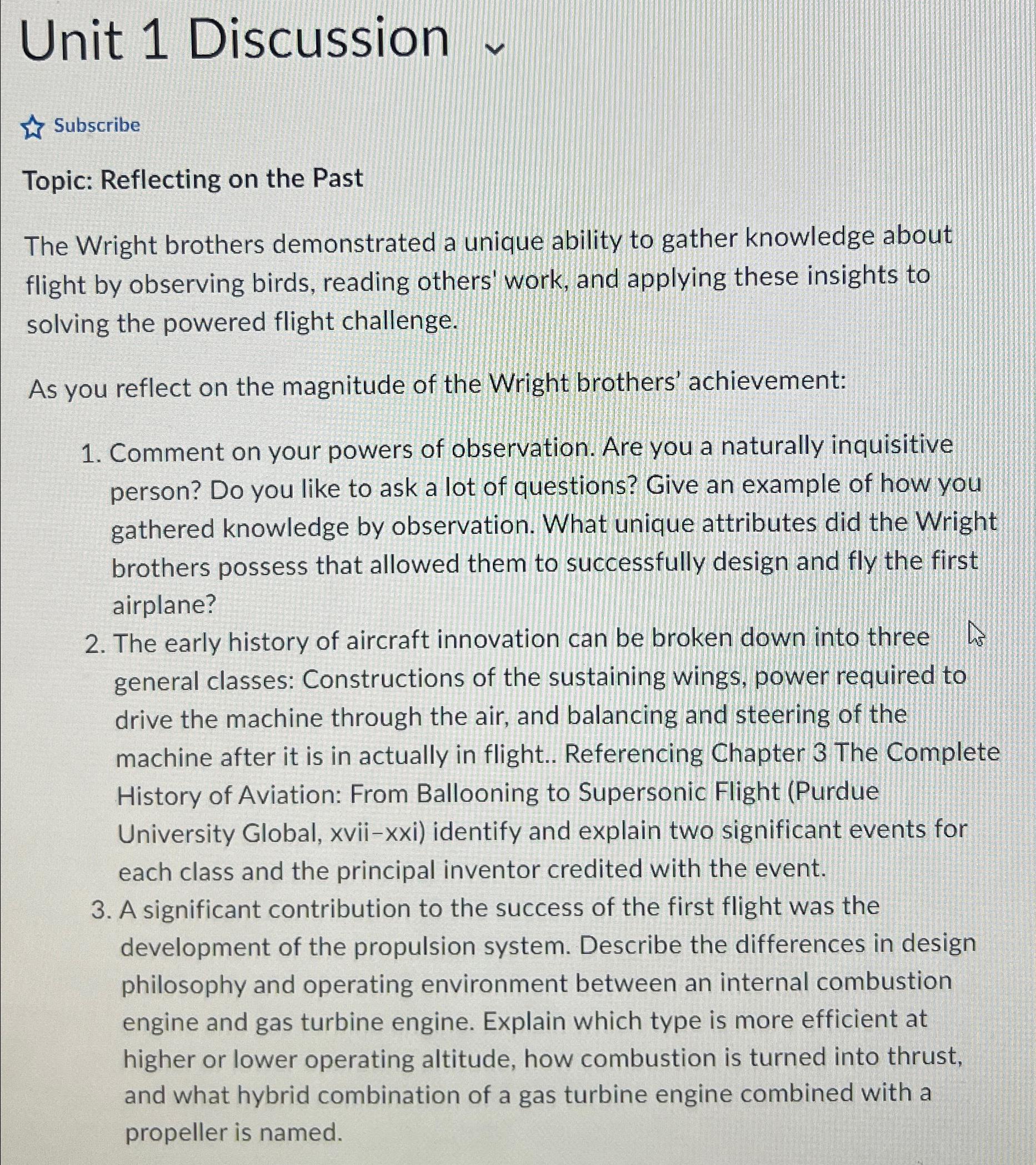  Unit 1 Discussion Subscribe Topic: Reflecting on the Past The Wright