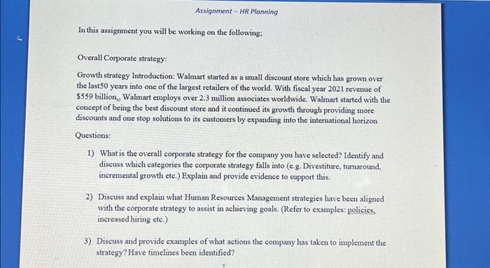  Assignment HR Planning In this assignment you will be working on