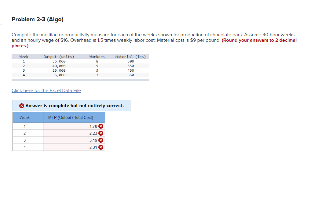  Problem 2-3(Algo) Compute the multifactor productivity measure for each of the