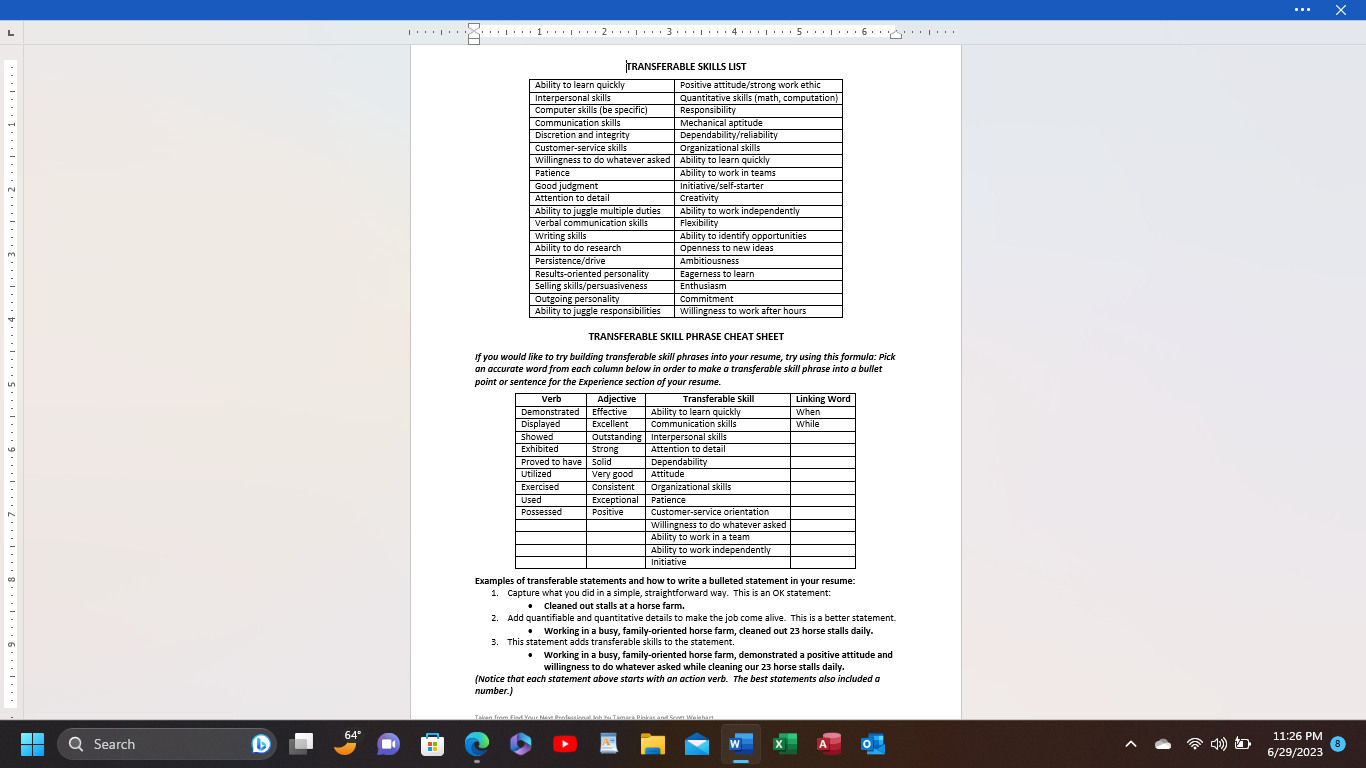  TRANSFERABLE SKILL PHRASE CHEAT SHEET If you would like to try