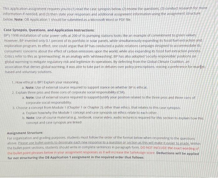  This application assignment requires you to (1) read the case synopsis
