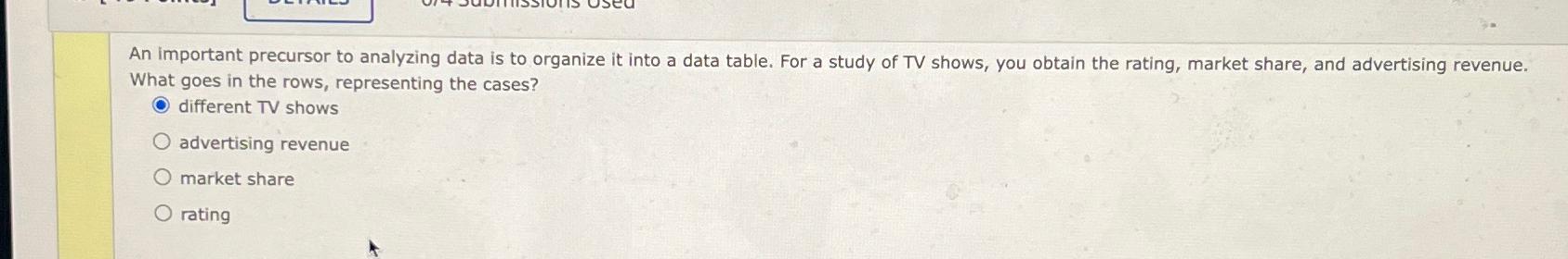  An important precursor to analyzing data is to organize it into