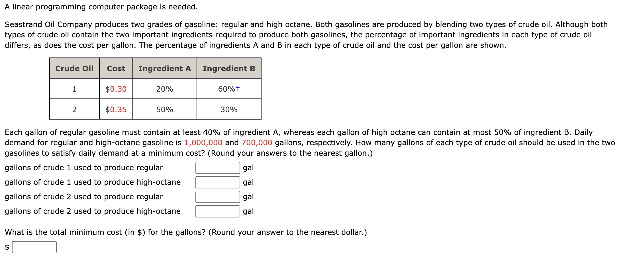 A linear programming computer package is needed. Seastrand Oil Company produces