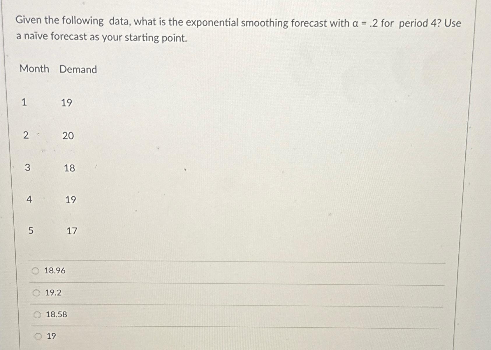  Given the following data, what is the exponential smoothing forecast with