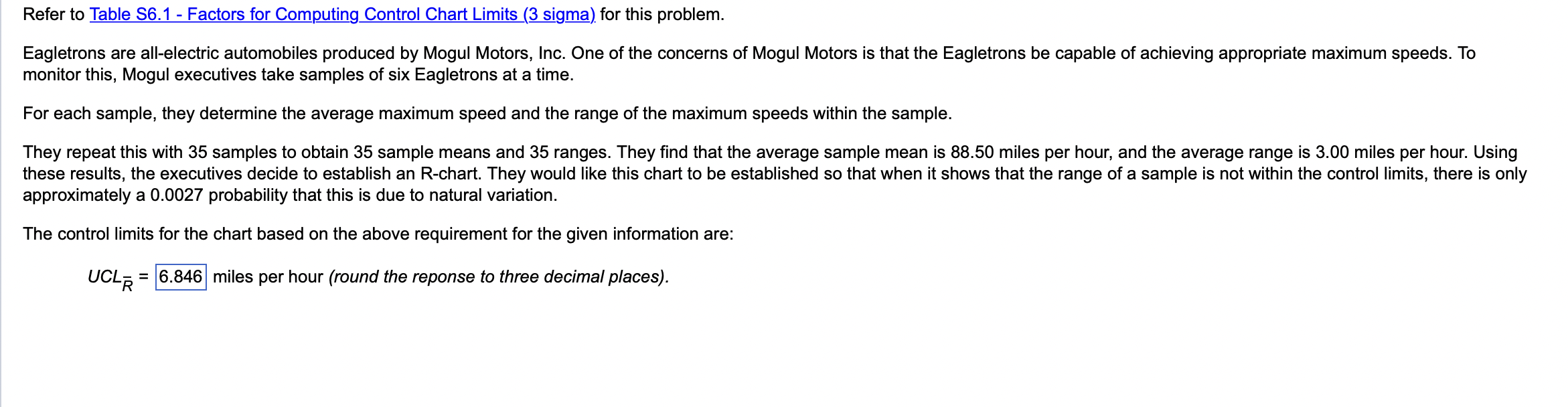  Refer to Table S6.1 - Factors for Computing Control Chart Limits