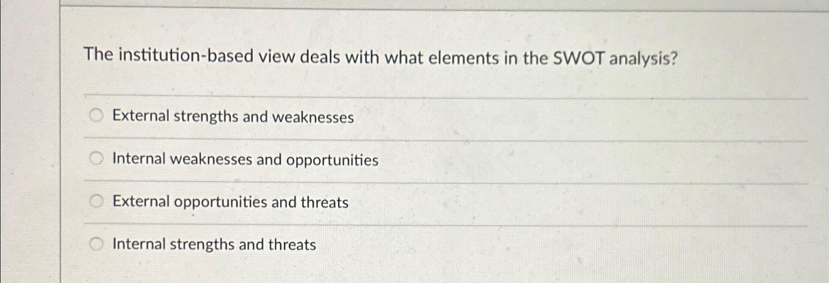  The institution-based view deals with what elements in the SWOT analysis?