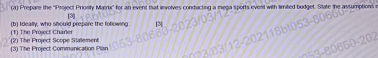  (a) Prepare the "Project Priority Matrix" for an event that involves