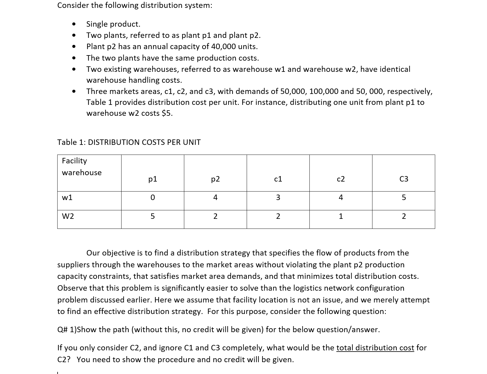 Consider the following distribution system: - Single product. - Two plants,
