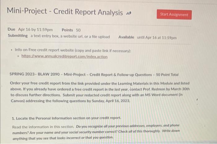  - https://www.annualcreditreport com/indexaction SPRING 2023- BLAW 2090 - Minl-Project - Credit