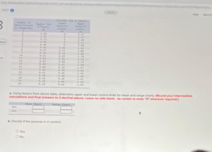  b. Decide if the process is in control. Yes No b.
