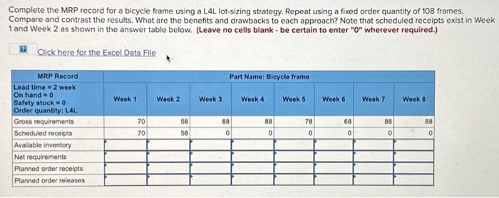  Complete the MRP record for a bicycle frame using a L4L
