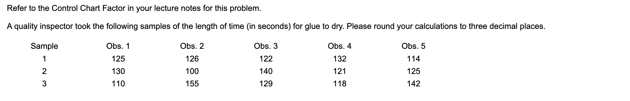  Refer to the Control Chart Factor in your lecture notes for