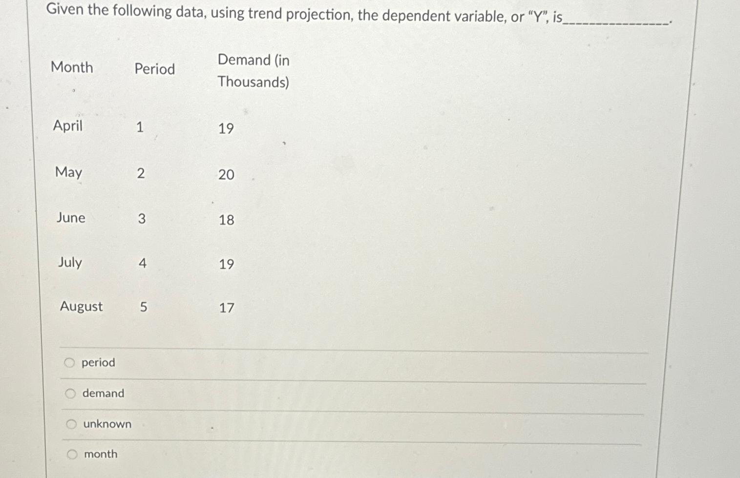  Given the following data, using trend projection, the dependent variable, or