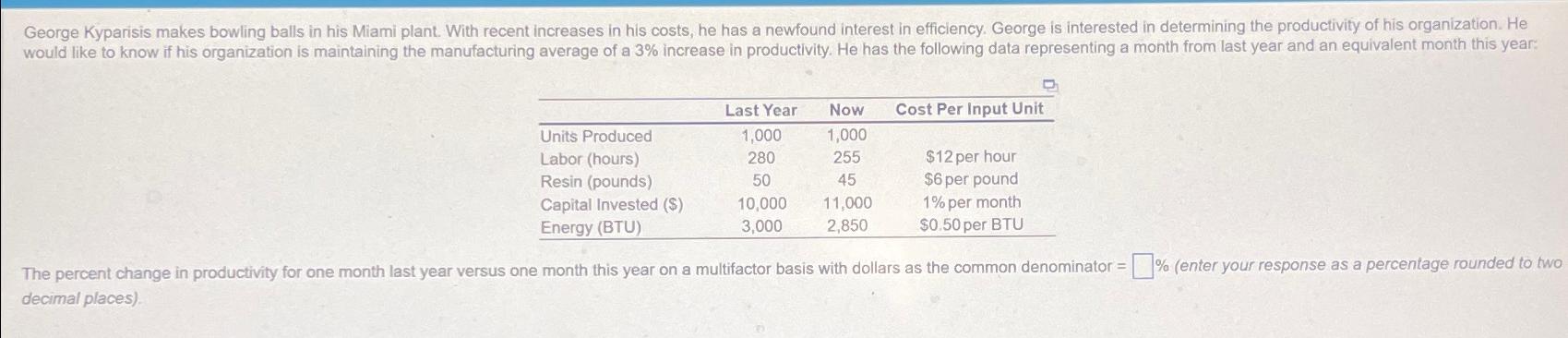  \table[[,Last Year,Now,Cost Per Input Unit],[Units Produced,1,000,1,000,],[Labor (hours),280,255,$12 per hour],[Resin (pounds),50,45,$6 per