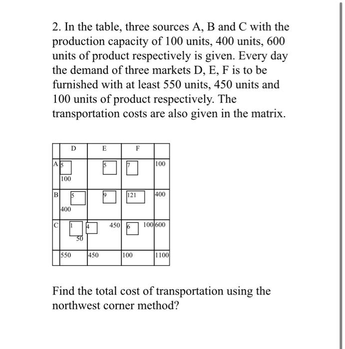  2. In the table, three sources A, B and C with