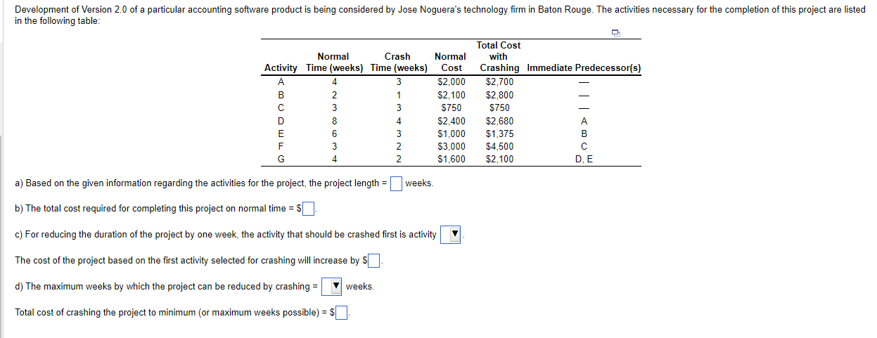 a) Based on the given information regarding the activities for the