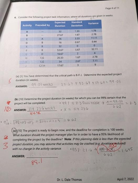 answer part c 4. Consider the following project task information, where all