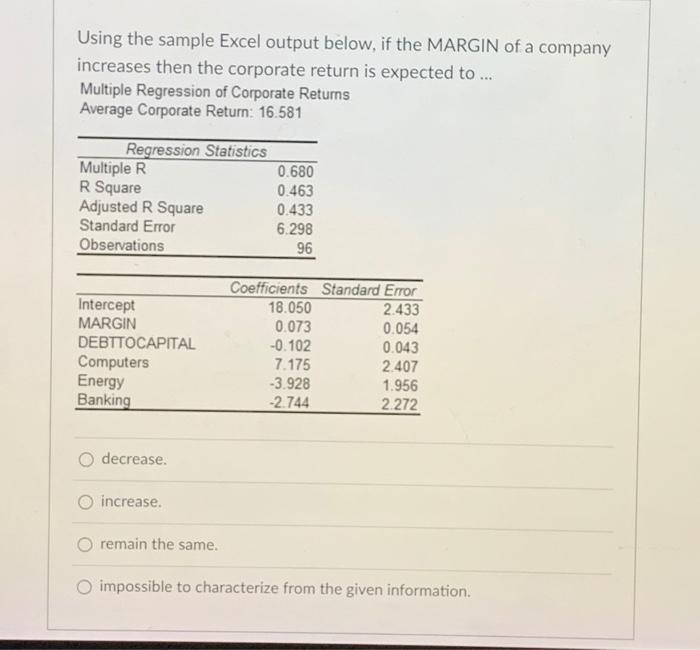 question 2 Using the sample Excel output below, if the MARGIN of