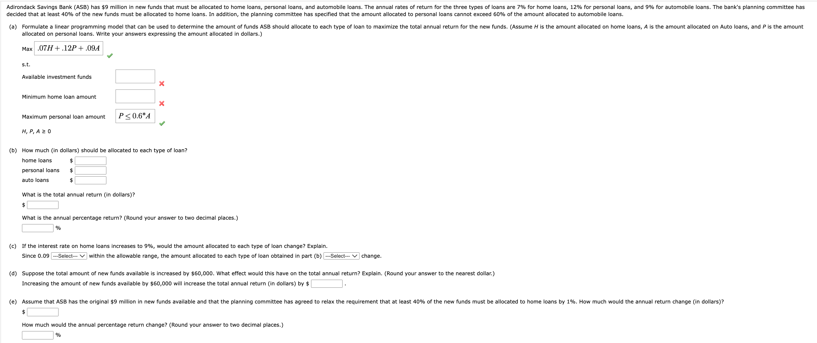 allocated on personal loans. Write your answers expressing the amount allocated