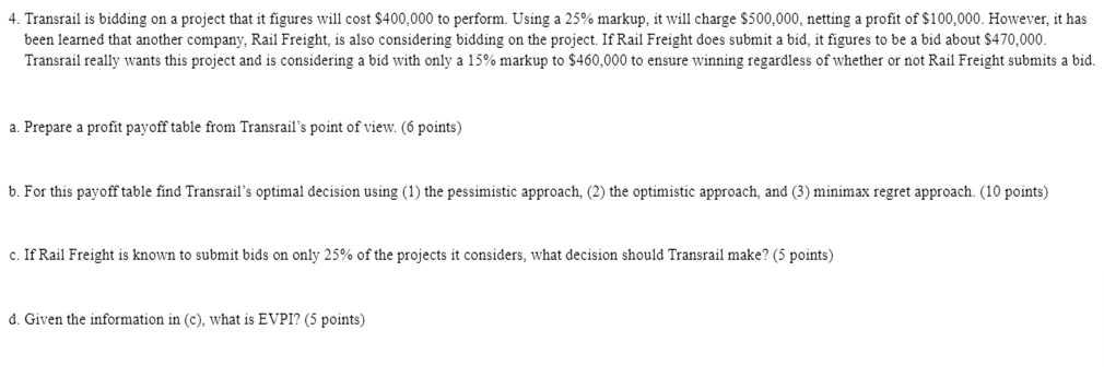  Transrail is bidding on a project that it figures will cost
