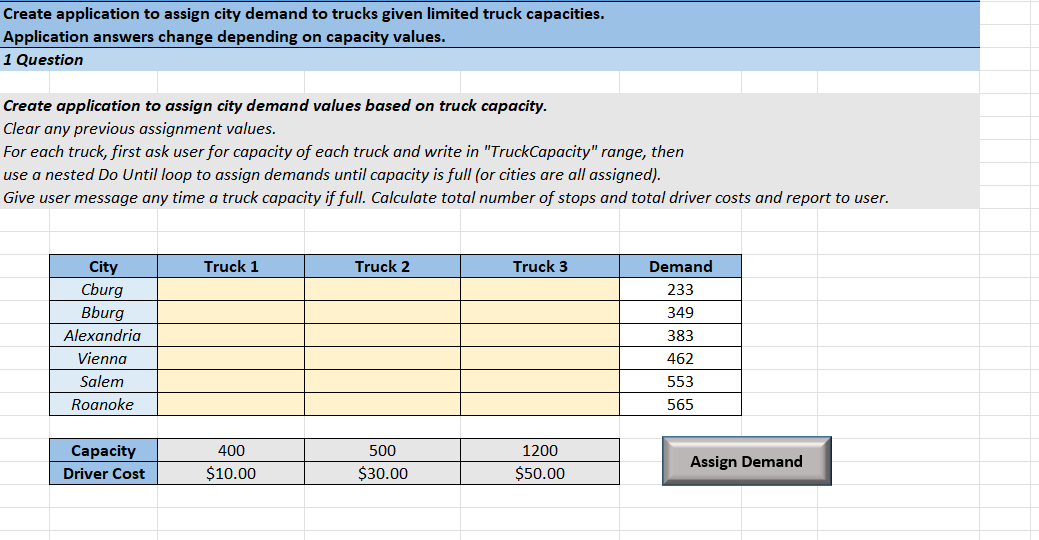 show me the VBA code in excel Create application to assign city