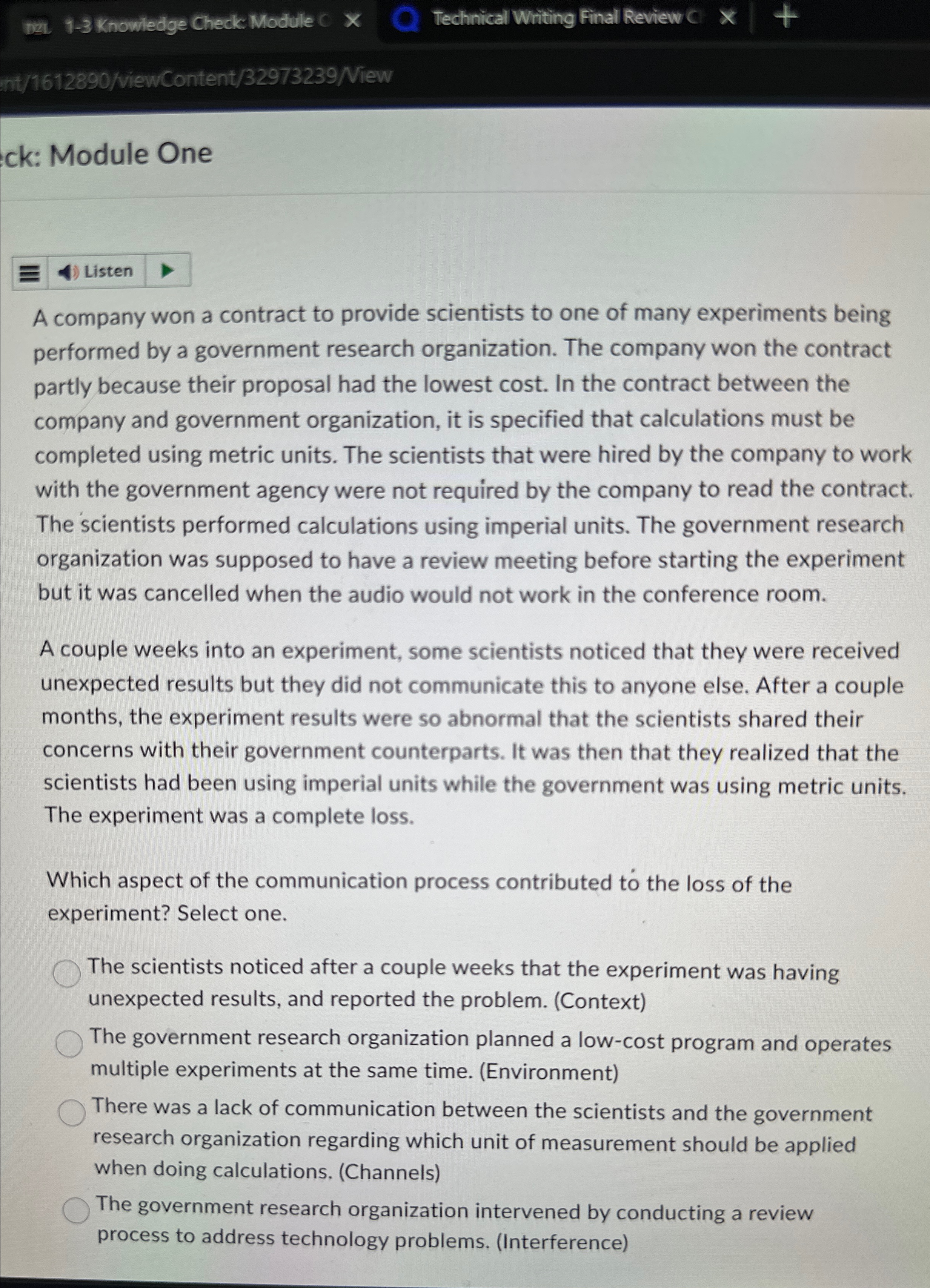  Module One A company won a contract to provide scientists to