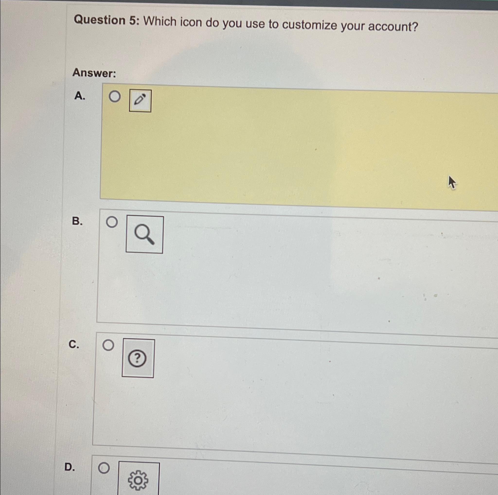  Question 5: Which icon do you use to customize your account?