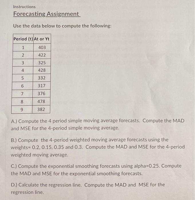  Instructions Forecasting Assignment Use the data below to compute the following:
