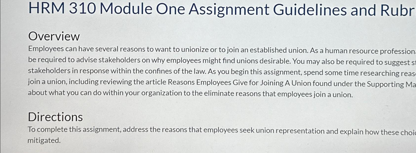  HRM 310 Module One Assignment Guidelines and Rubr Overview Employees can