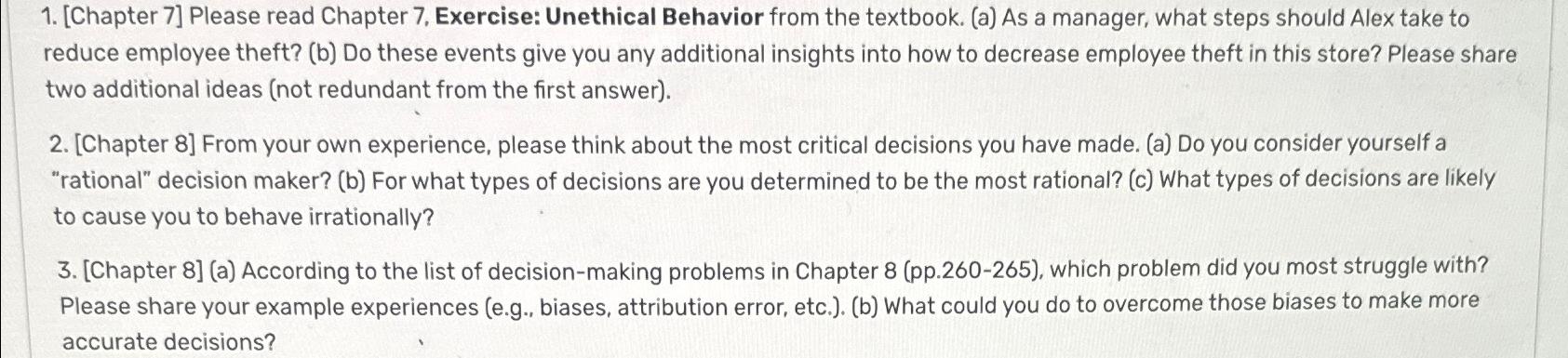 [Chapter 7] Please read Chapter 7, Exercise: Unethical Behavior from the