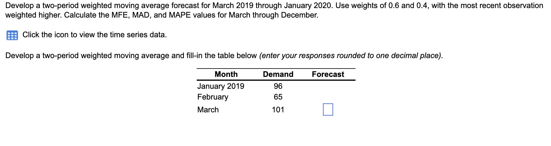  Develop a two-period weighted moving average forecast for March 2019 through