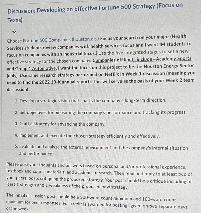  Discussion: Developing an Effective Fortune 500 Strategy (Focus on Texas) Choose