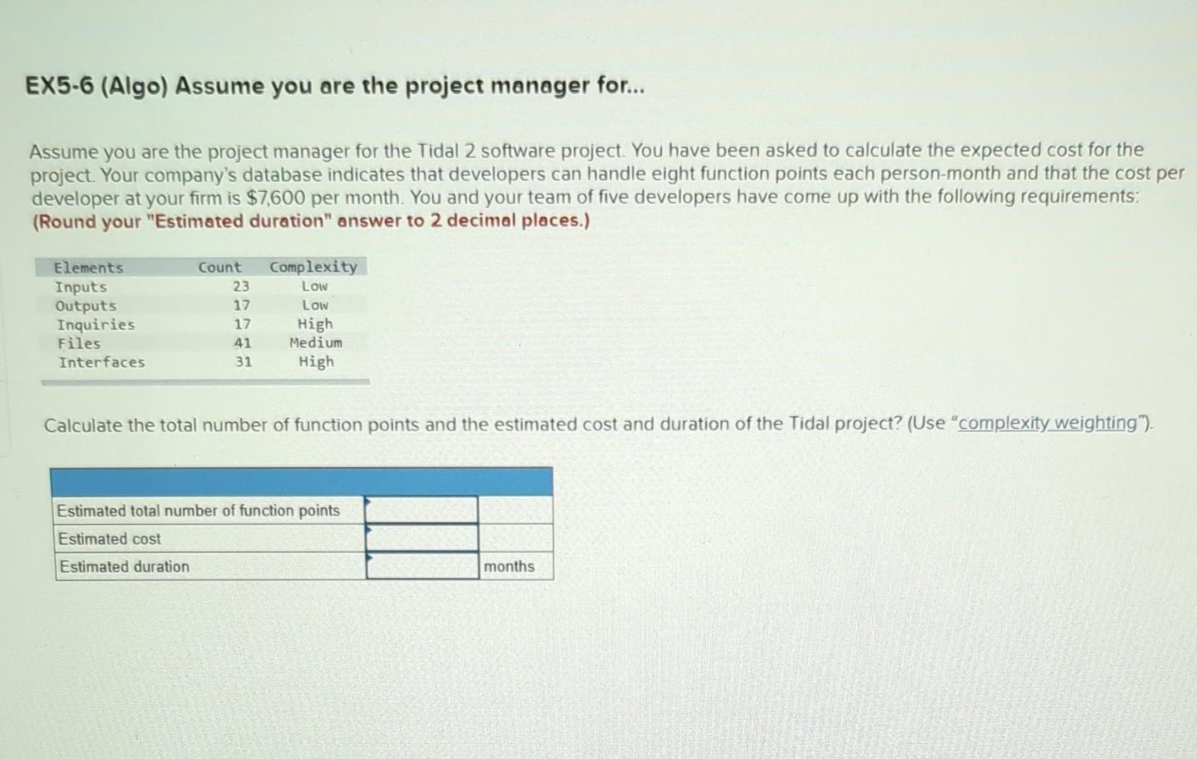 point complexity weighted table shown below, calculate the total function point count.